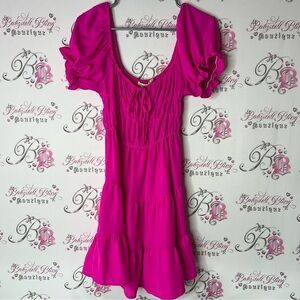 Liberty dress milkmaid ruffle puff sleeve cinch smocked Fuchsia Bow Detail